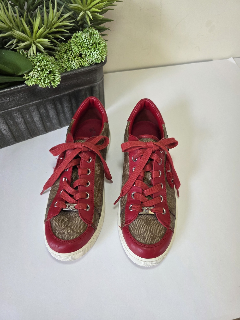 Coach Porter Signature Sneakers Khaki Red Womens Size 8.5M - Picture 3 of 13